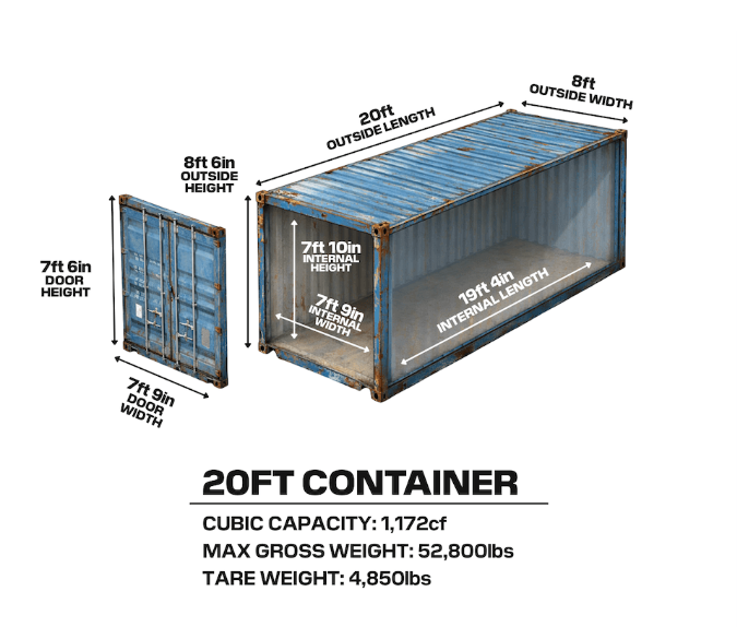 20ft standard shipping container dimensions
